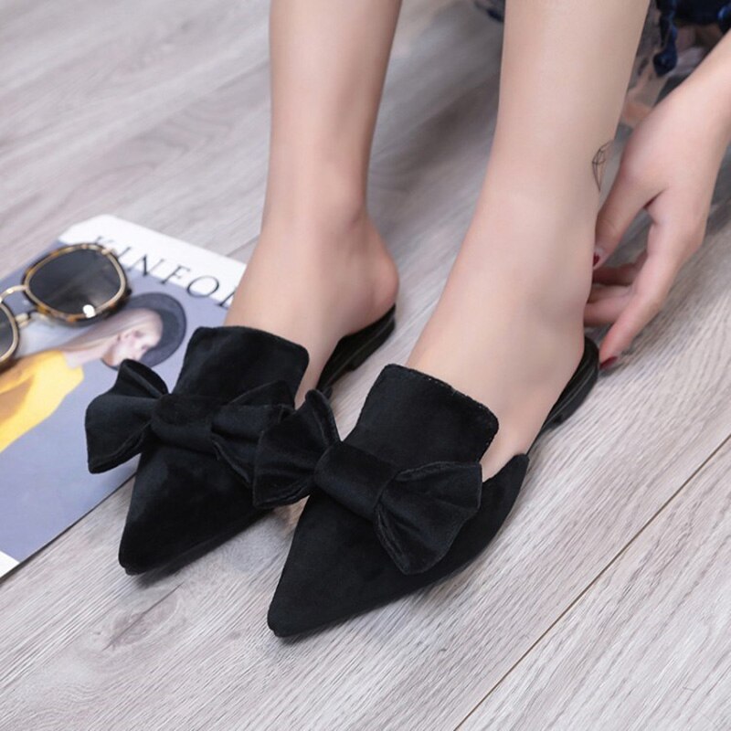 Damesmuiltjes met strik, platte schoenen met lage hak, slippers voor dames, herfstslippers voor dames met puntige neus, schattige meisjesslippers