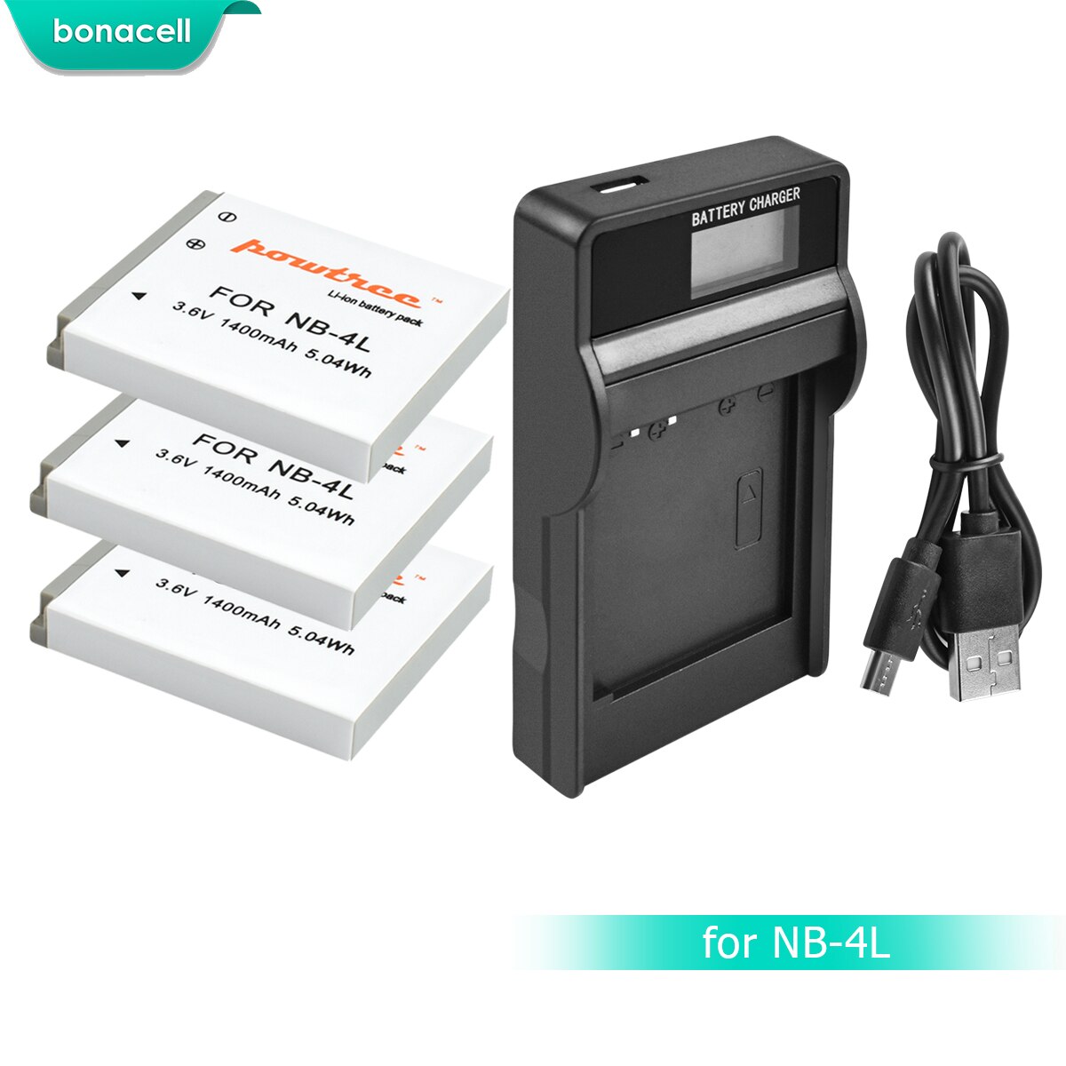 Bonacell 1400mAh NB-4L NB4L NB 4L Batteria Bateria + LCD Caricabatteria per Canon IXUS 30 40 50 55 60 65 80 100 PowerShot SD1000 1100 L10: 3 Pack Battery