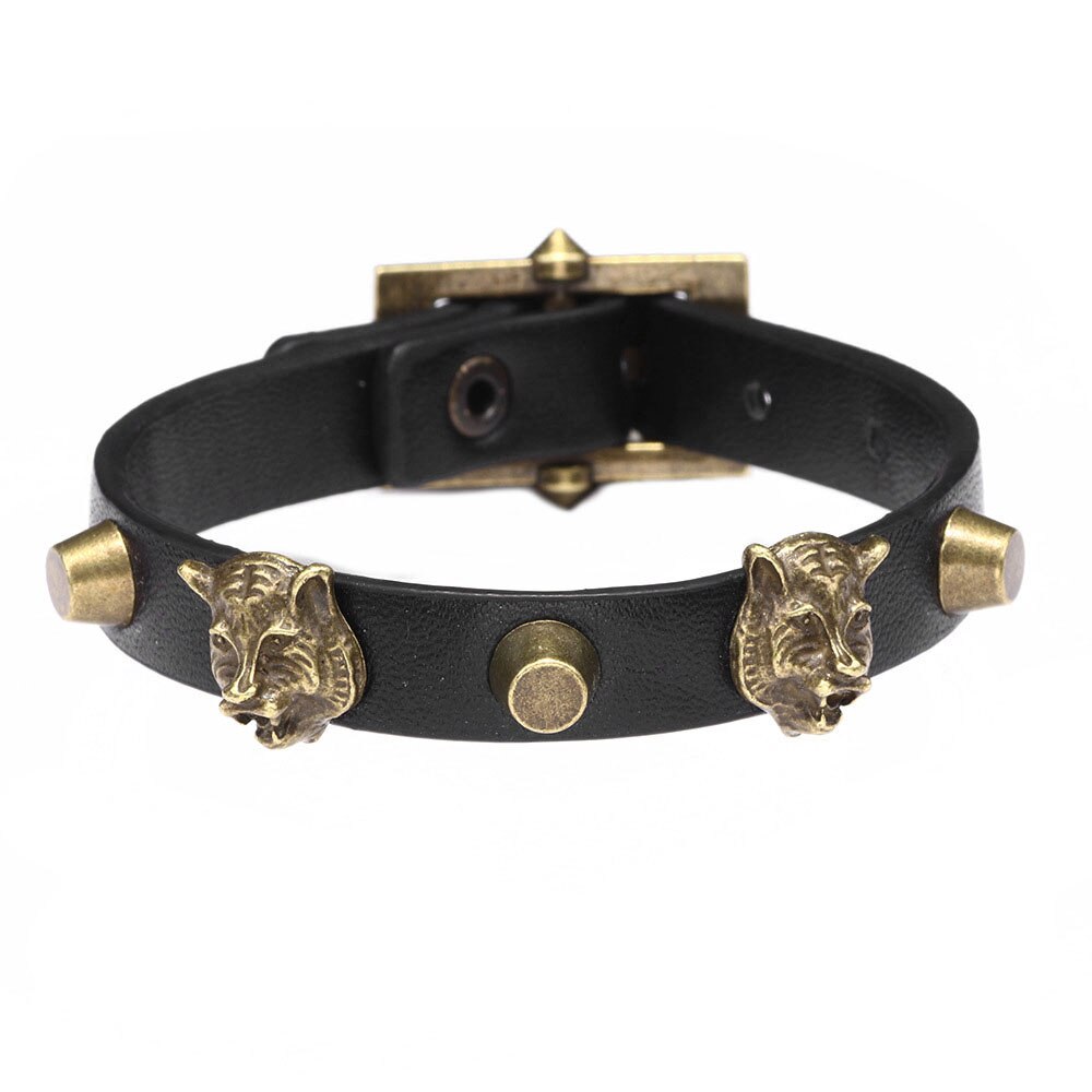 Mode Mannen Sieraden Antieke Bronzen Tijger Hoofd Punk Lederen Armbanden Verstelbare Alloy &amp; Leer Mannelijke Armbanden Accessoires