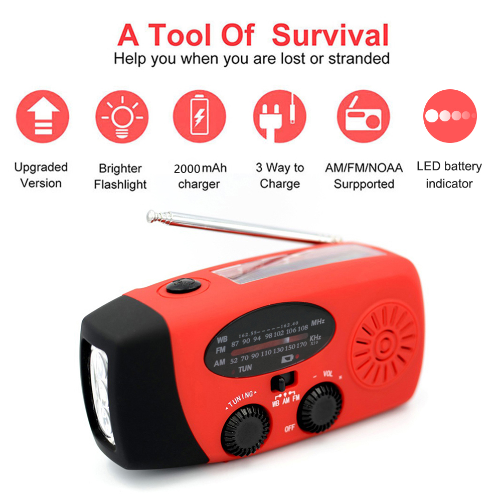 Radio portátil de mano alimentada por dinamo Solar, carga USB, FM, AM, WB, NOAA, multifuncional, meteorológica, con linterna LED, Banco de energía