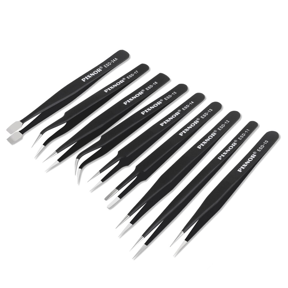 PIXNOR 9pcs Premium Anti-static ESD Stainless Steel Tweezers Set with Case for Electronics / Jewelry-making / Laboratory Work /