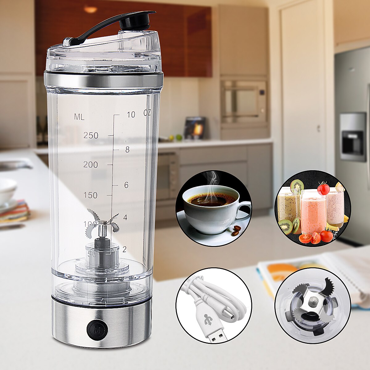 250ML Portable USB Sports Mixing Water Bottle Vortex Tornado PP Free Kitchen Stirring Electric Automatic Protein Vibrator Cup