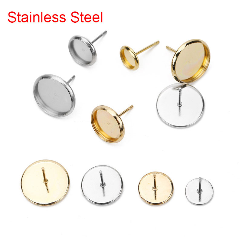 20 piezas de pendientes hipoalergénicos de acero inoxidable, accesorios Diy de 6mm, 8mm, 10mm, 12mm, configuración de Base de cabujón de camafeo, fabricación de joyas Diy