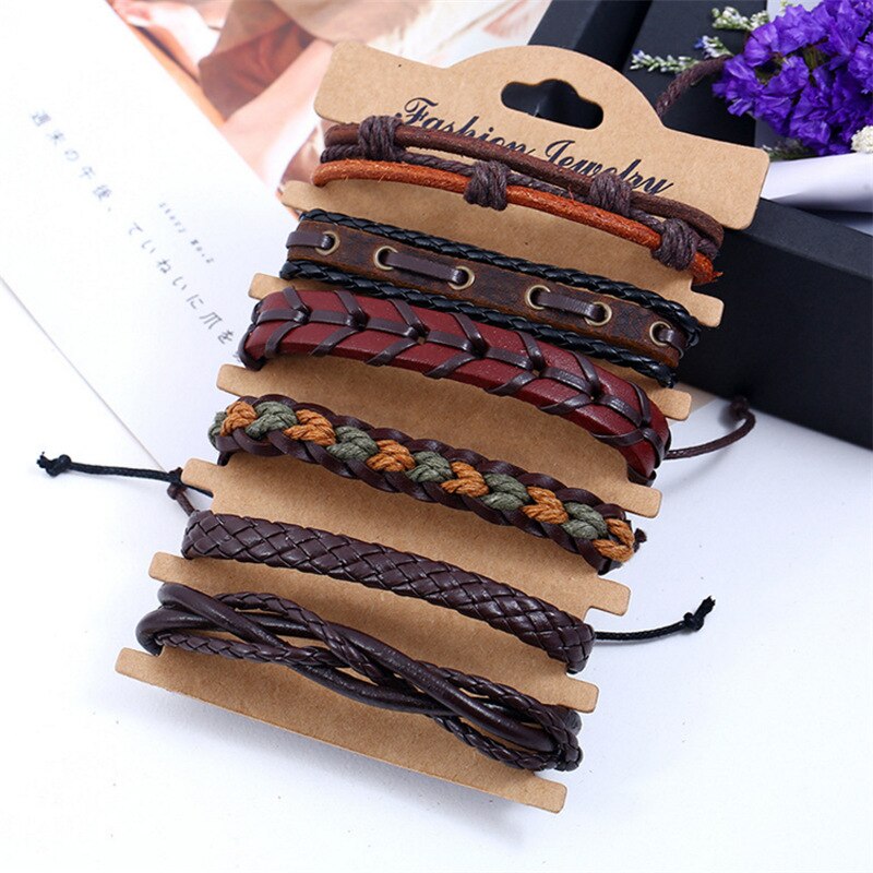 Punk rock 6 kpl/setti nahkarannekoru miesten hurmaava ruskea punottu rannekoru miehelle retkeilykorut asusteet pulsera hombre käsintehty