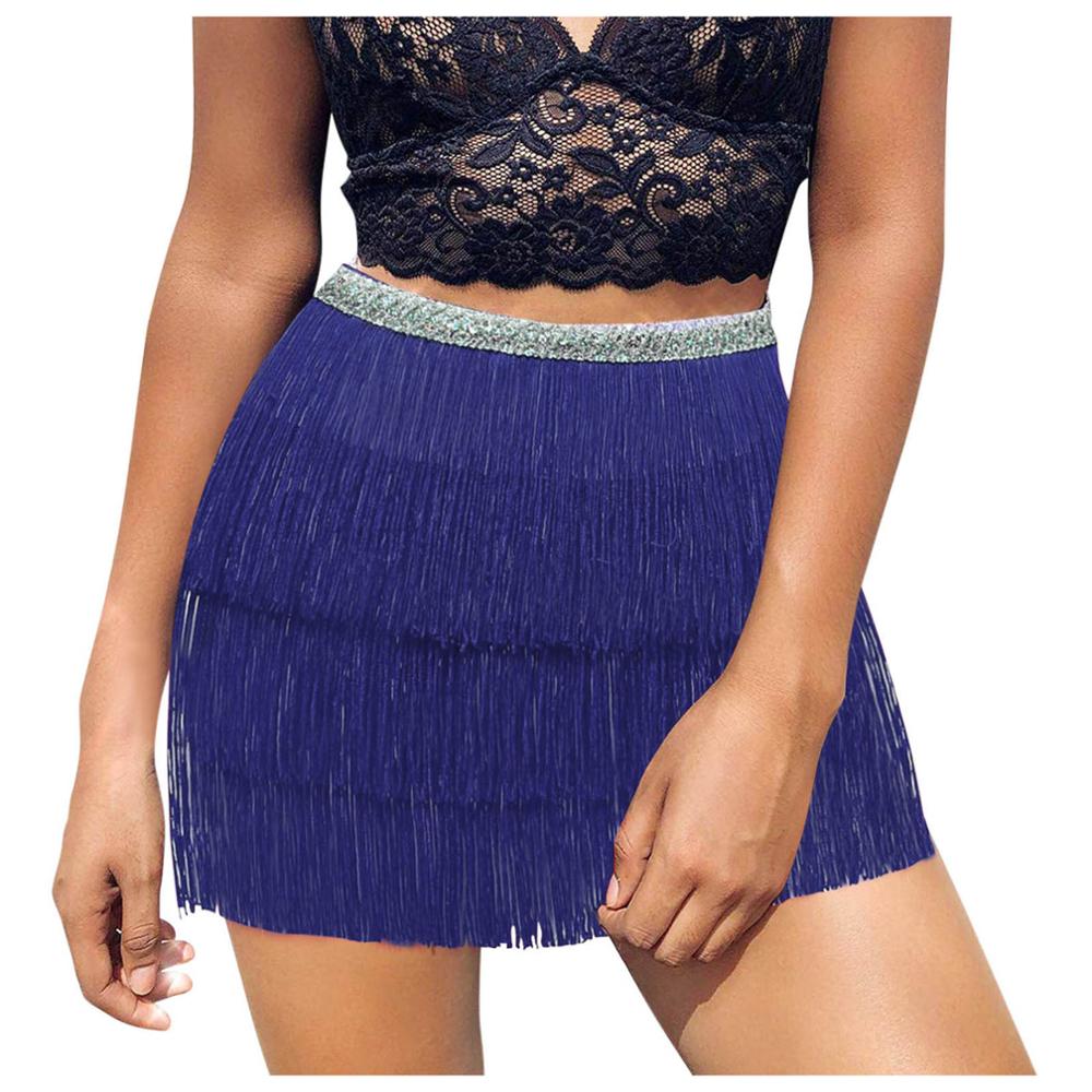 Women Skirt Sequin Belly Costume Tassel Wrap Skirt Club Mini Skirt D60: Blue