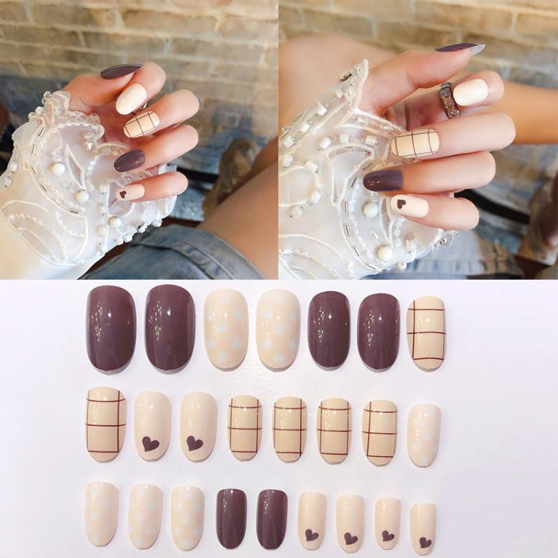 24 pièces populaire ongle Patch Nail Art court faux ongles Patch couverture complète faux ongles artificiels avec des outils de manucure de colle: Gris