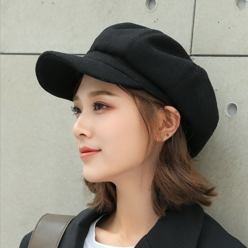 Newsboy Caps Women Winter Soft wool Gatsby Cap Octagonal Baker Peaked Beret Driving Hat Female Sunscreen Hats Painter Tour cap: black