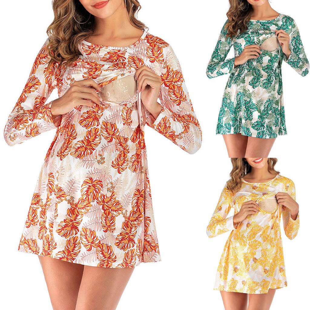 Maternity dresses casual Sexy Round Pregnant O-Neck Print Long Sleeve Lactation Maternity Dress L1220