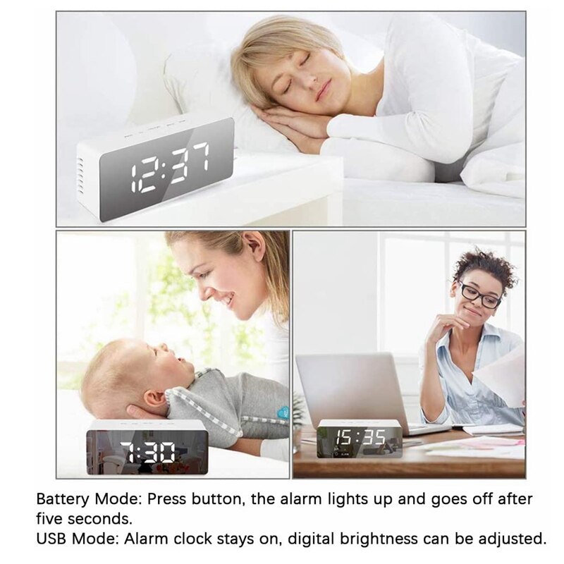 W&G Digital Mirror Alarm Clocks With Temperature Led Display Snooze Time Adjustable Brightness For Bedroom Office Clock with USB