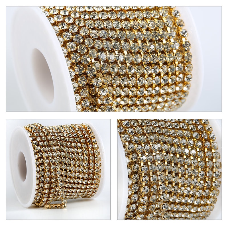 Ss6-ss16(2mm-4mm) 10 meter/rol kleding naaibeker strass ketting gouden basis glanzend kristal naai-stijl diy accessoires