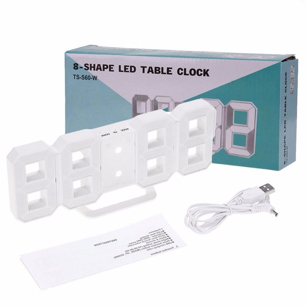 Relojes con alarma digital LED, reloj de pared 3D de dígitos grandes, 8 formas, estante para reloj electrónico, reloj Nixie, reloj, Mural Horloge en la pared del hogar