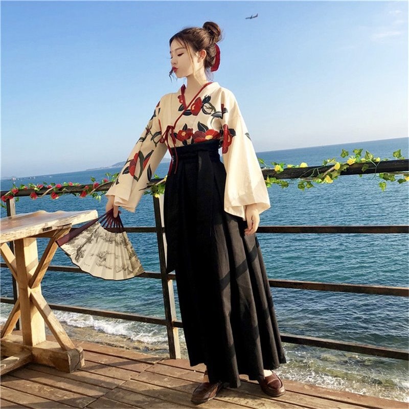 Japanese Style Woman Kimono Summer Floral Haori Girls 2pcs Top and Skirt Outfits Full Sleeve Japanese Dress for Women
