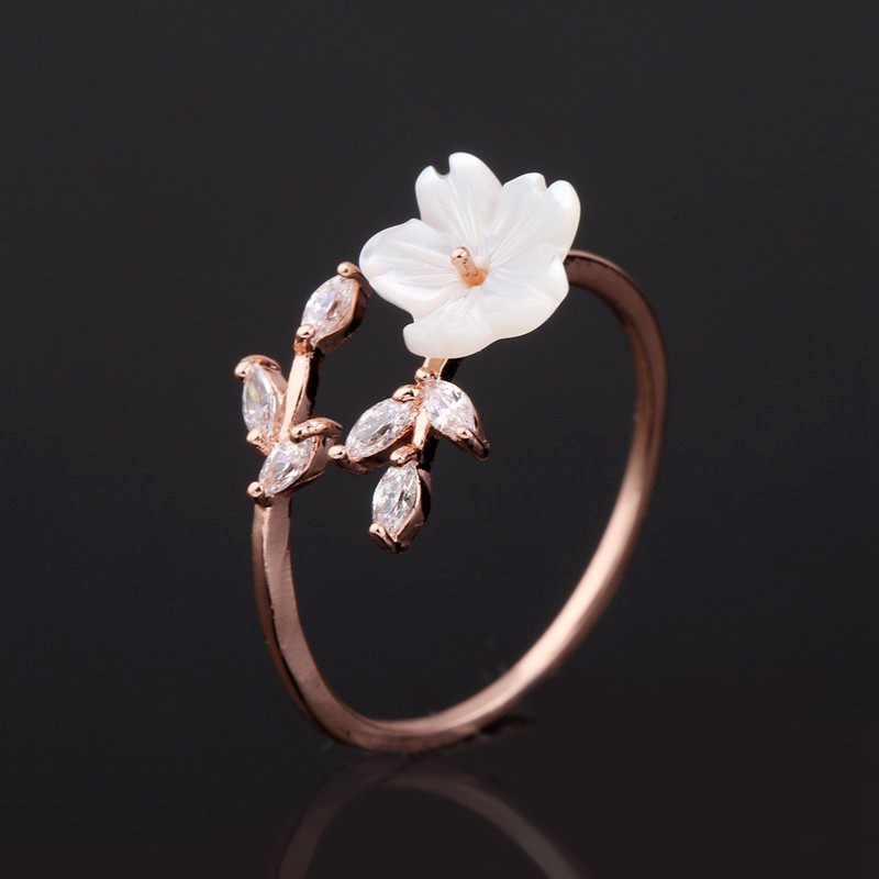 Leuke Zirkoon Crystal Leaf Shell Bloem Ring Voor Vrouwen Dames Meisjes Rose Gold Romantische Shell Sieraden Open Ringen Maat Verstelbaar