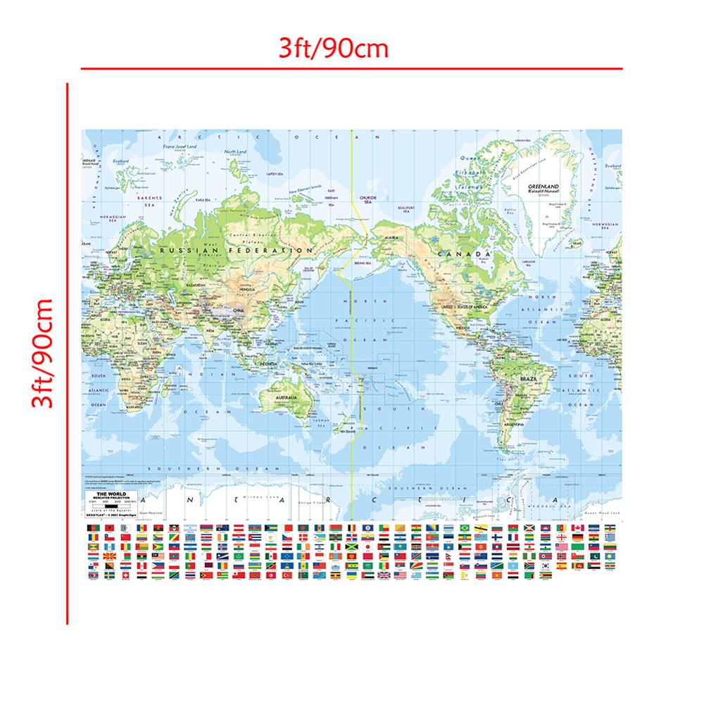 90*90cm The World Orographic Map with National Flags Non-woven Canvas Painting Wall Poster Home Decoration School Supplies