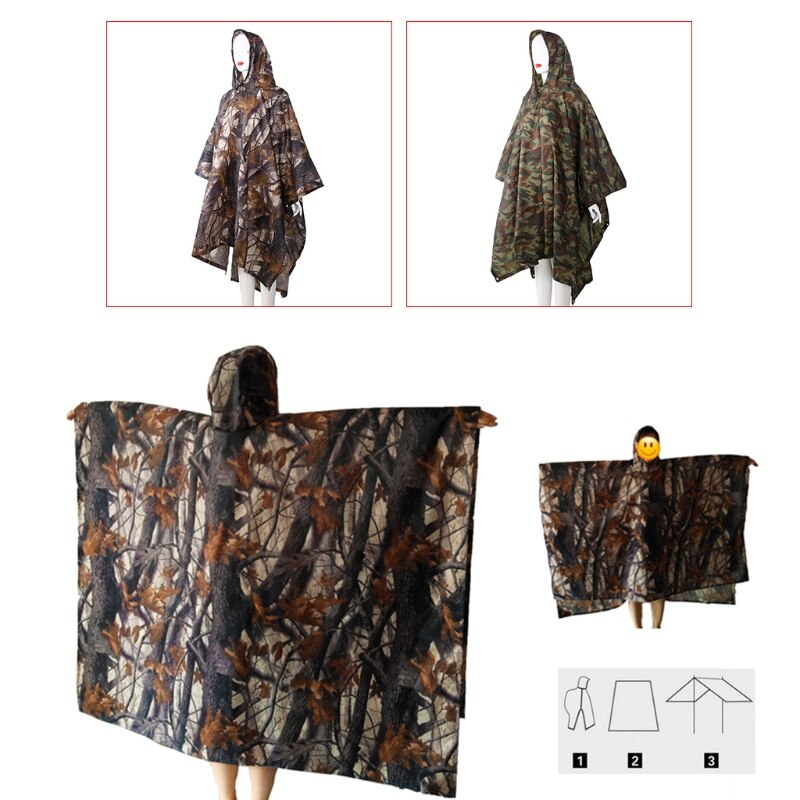 3in1 Outdoor Camping Backpack Rain Cover Poncho Coat Camouflage Tent Awning Mat