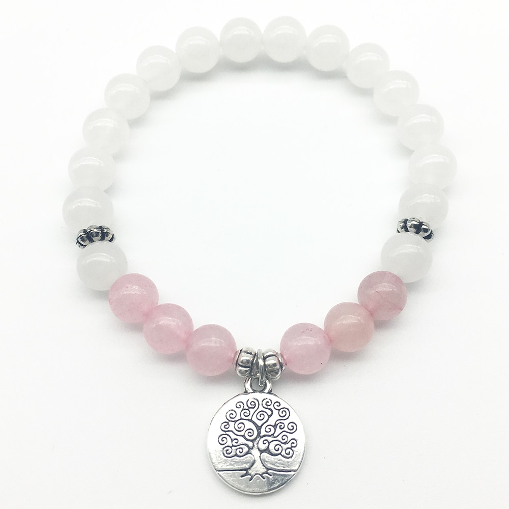 Sn1307 damesarmbanden van witte kralen, rozenkwarts met een levensboom-bedel, het beste voor haar
