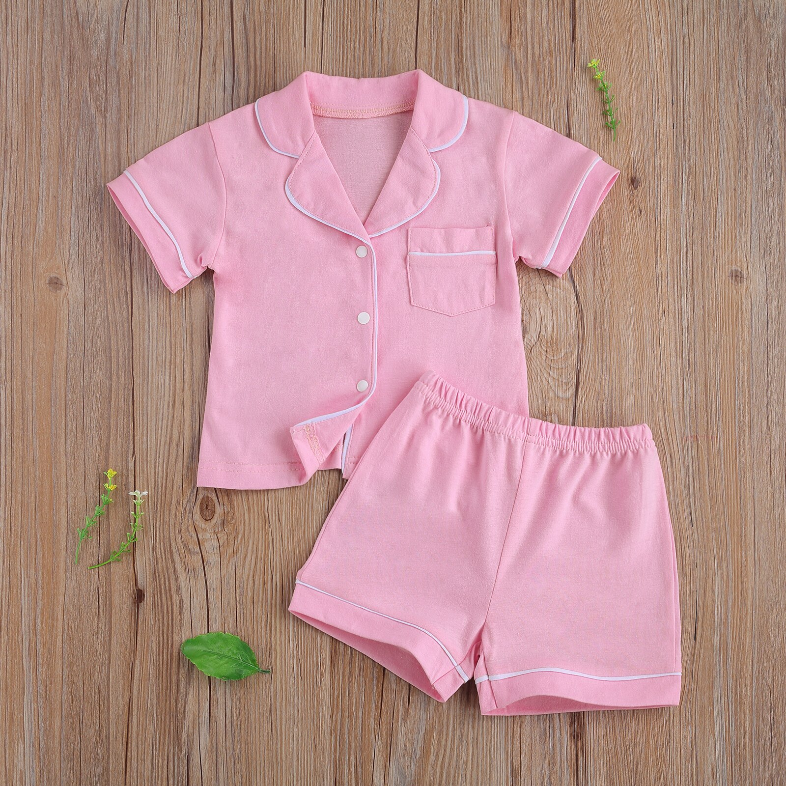 1-7Y Kleine Jongen En Meisje 2 Stuk Pyjama Pak, kinderen Effen Kleur Korte Mouw Knop Top, Korte Broek Past