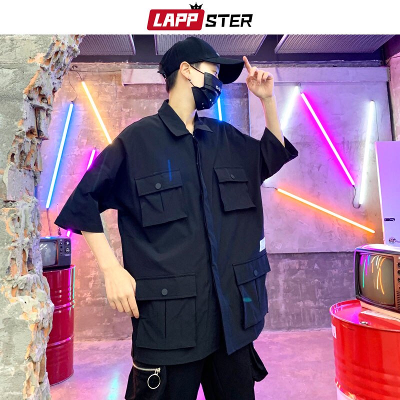 Lappster menn streetwear lommer last skjorter ins moter sommer kortermede svarte skjorter mann japansk stil hofte hopp klær