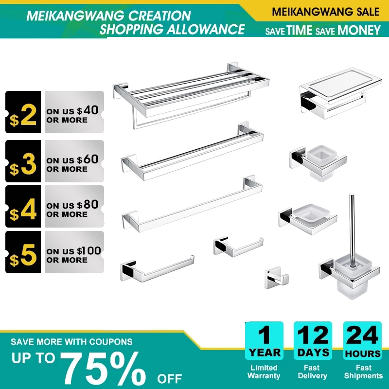 Chroom gepolijst WC-accessoires Toiletrolhouder Muurhaak Handdoekstang Robe Hanger Rack RVS Badkamer Hardware Set