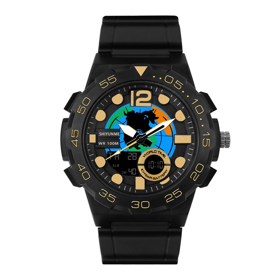 Shiyunme Mode Led Dual Display Mannen Outdoor Sport Horloge Dial Kalender Waterdichte Lichtgevende Horloges Часы Мужские: black gold