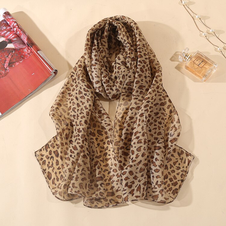 Foulard Long en soie imprimé léopard pour femme, châle léger en mousseline de soie, idéal pour le printemps et l'été: leopard A khaki