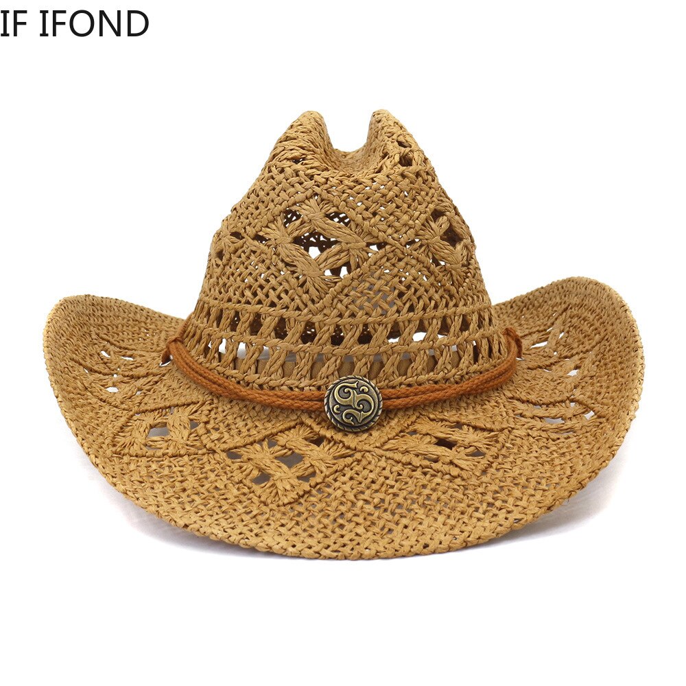 Hechos a mano nuevos hueco vaquera vaquero del oeste sombrero amplia sombrero con visera de Jazz sol playa sombreros Gorros Hombre