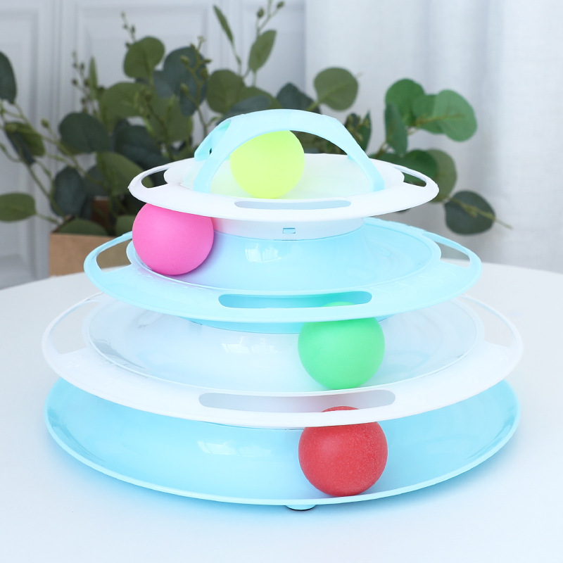4 Levels Pet Cat Toy Training Amusement Plate Kitten Interacitve Tower Tracks Disc Cat Intelligence Amusement Triple Disc tumble: Blue with White