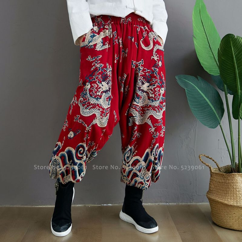 Chinese Traditional Hanfu Tang Suit Wide Leg Dragon Printed Pants Men Korean Cotton Casual Loose Trousers Japanese Style Kimono