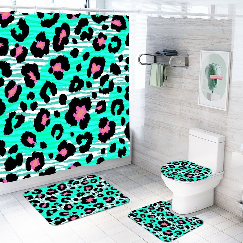 Leopard Print Animal Bathroom Set Toilet Lid Cover Bath Rugs Carpet Waterproof Shower Curtain with Hooks 4pcs Shower Curtain Set