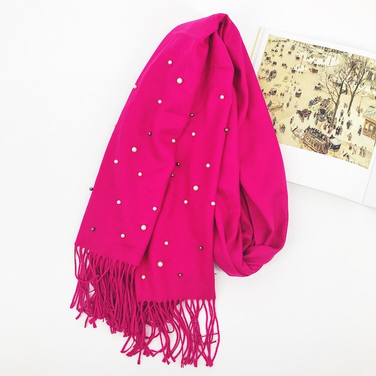 Écharpe de de luxe épais hiver femmes écharpe chaude cachemire étoile perle solide gland châle couverture pour emmailloter Hijab dame écharpe Pashmina: Rose Red