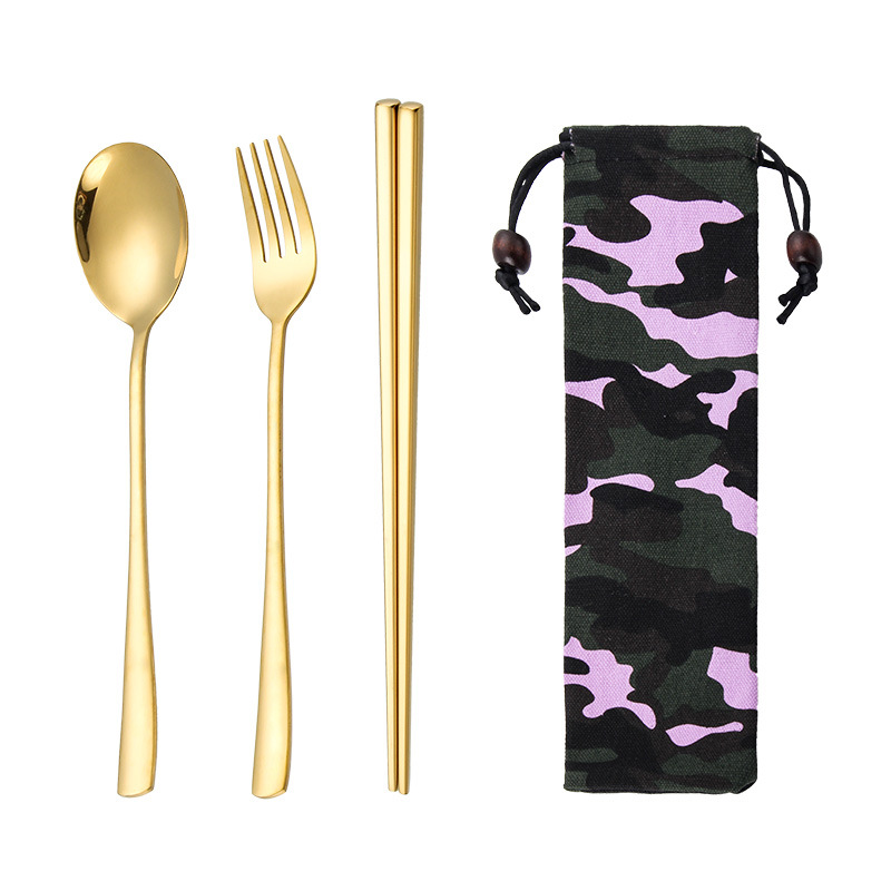 Portable Travel Stainless Steel Utensils Cutlery Set with Spoon,Fork,Chopsticks,Straw 6pcs: gold 3pcs