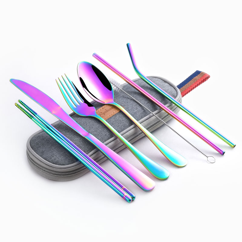 Serviesje Reizen Camping Bestek Set Herbruikbare Zilverwerk met Metalen Stro Lepel Vork Eetstokjes en Draagbare Case: rainbow A