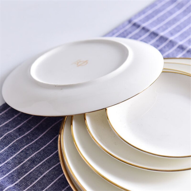 Brief Solid Round Ceramic Plate Bone China Golden Edge Dinner Plate Porcelain Household Breakfast Dishes Steak Tray Snack Plate