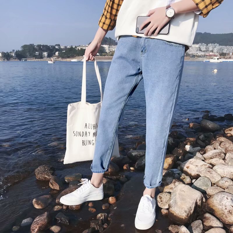 Mænd jeans retro løse ins harajuku solid ankellang chic all-match ulzzang trendy daglig streetwear herre student enkel: C52 lyseblå / S