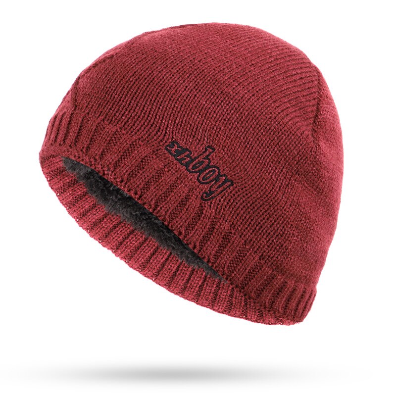 XHBOY Brand Knit Beanie Hat Plaid Stripes Men's Winter Hats Warm Plus Velvet Thicken Hedging Cap Skullies Bone Male: Wine