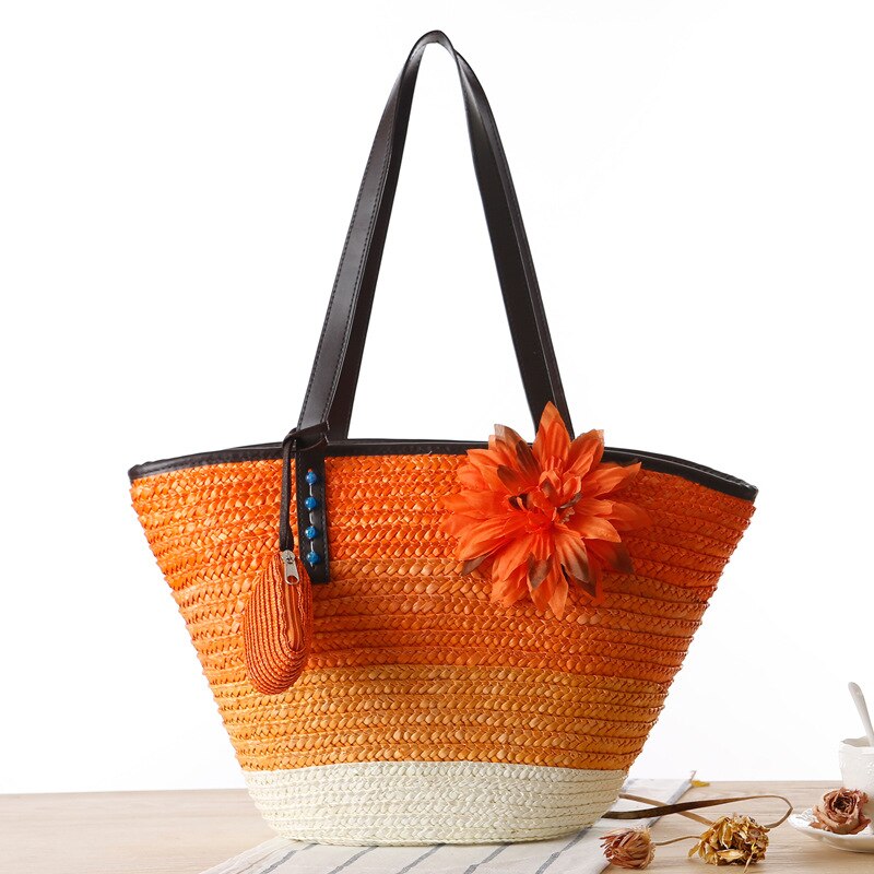 Décontracté fleur rotin femmes sacs à bandoulière en osier tissé sacs à main été plage paille sac bali grand fourre-tout voyage sac à main composit sac: orange