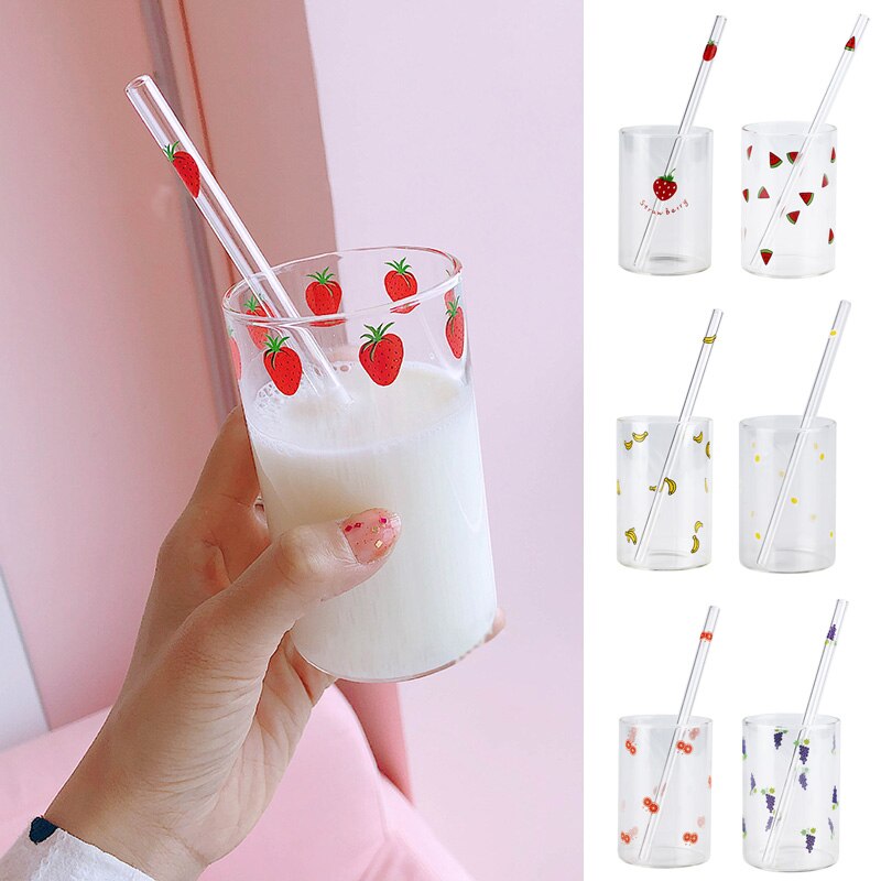 Cute Fruit Printed Glass Mug Cup Heat-resistant Milk Juice Glass Water Cup with Straw Beer Coffee Cup Whiskey Lemon Tea Mugs