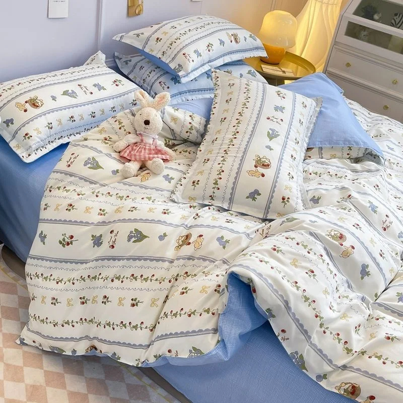 Juego de ropa de cama de cereza para niñas y niños, funda de edredón sin relleno, Sábana plana, funda de almohada, ropa de cama Kawaii