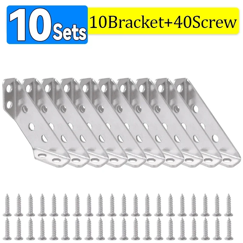 Juego de 10/1 soportes de esquina, conector de estante angular para muebles de acero inoxidable, soporte de gabinete, marco de fijación, soporte de esquina con tornillo: Plata