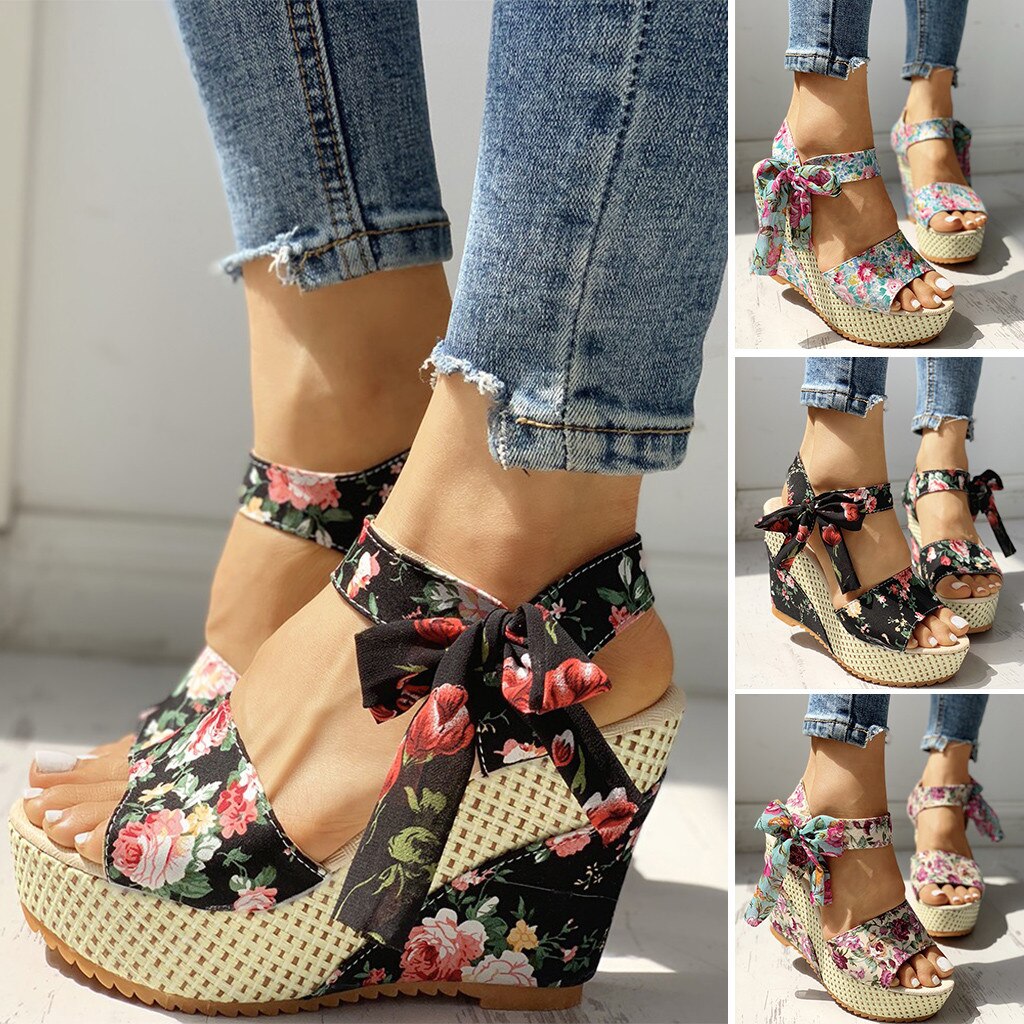 Zomer Wig Sandalen Vrouwen Dames Platform Wiggen Hak Sandalen Bloemen Strik Lace-Up Schoenen Open Teen dames Schoenen