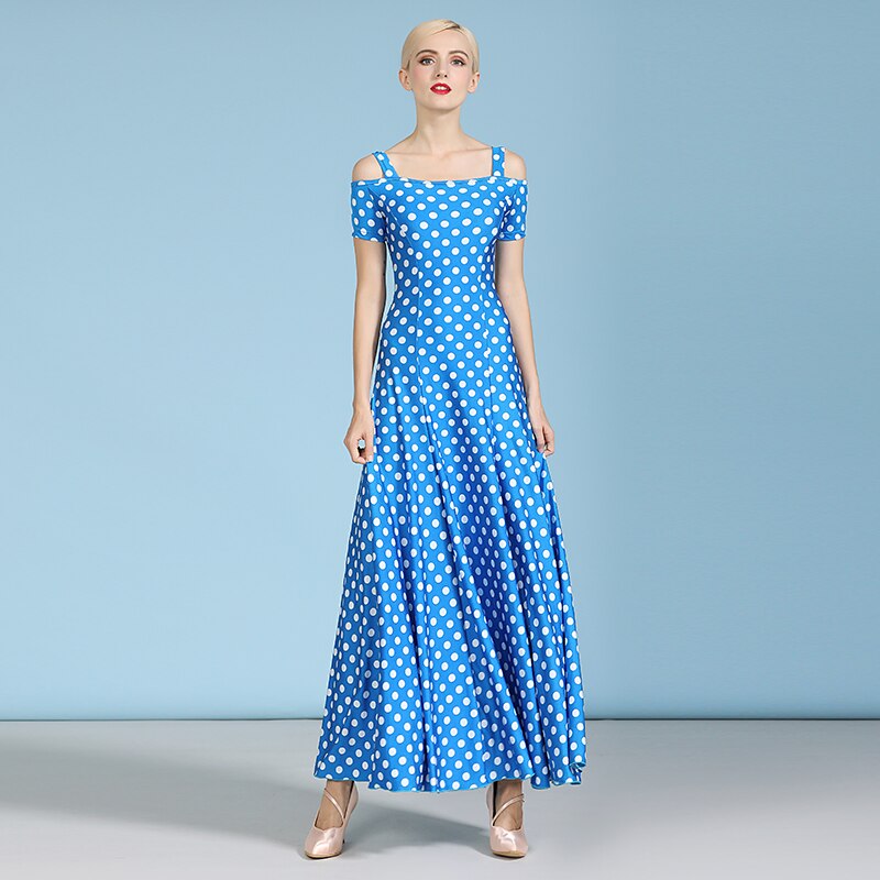 Standaard balzaaljurk met stippen, dames walsjurk, franje danskleding, balzaaldansjurk, moderne danskostuums, spaanse jurk: Blauw / M