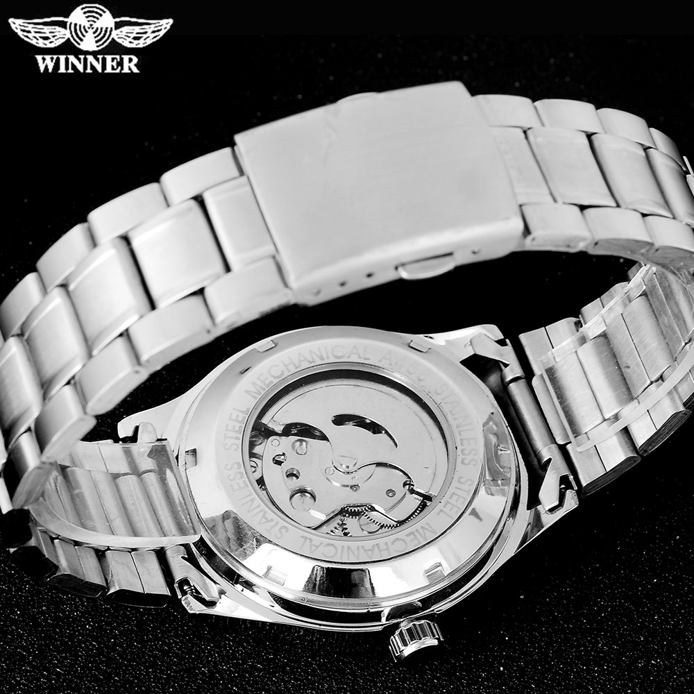 Winnaar Mode Casual Mannen Machanical Horloges Roestvrij Stalen Band Silver Case Luxe Automatische Horloges Relogio Masculino