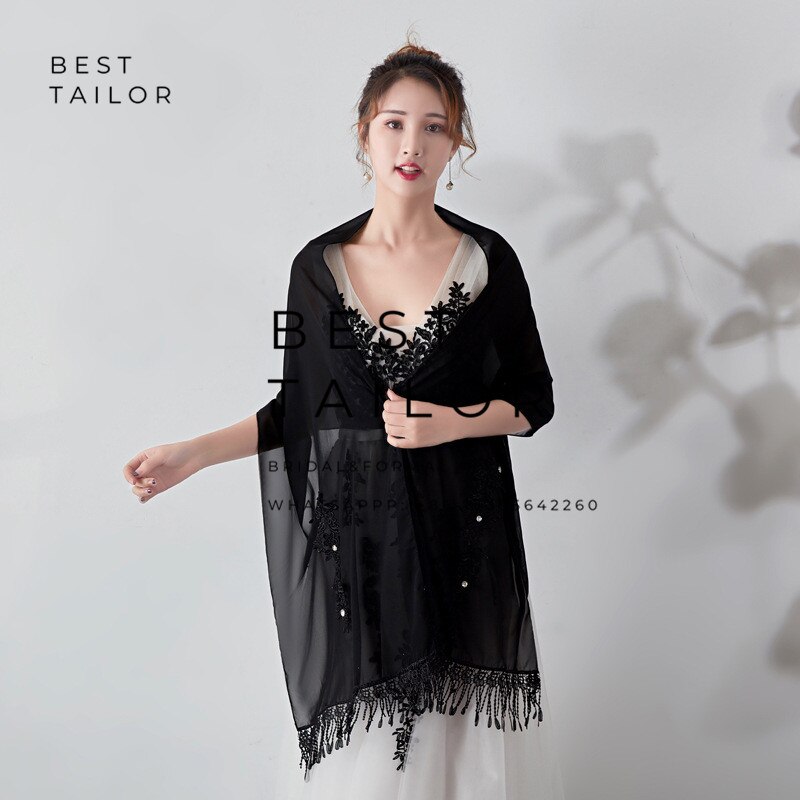 Color Available ! Wedding Jackets Bolero Bridesmaid Scarf Shawl Tassel Appliques Formal Party Gown Chiffon Wedding Accessories