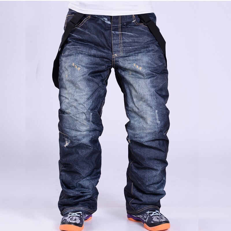 Winter Jean Snowboard Pants Men Suspenders Denim Ski Pants Skate Snow Board Thermal Windproof Waterproof Skiing Trouser