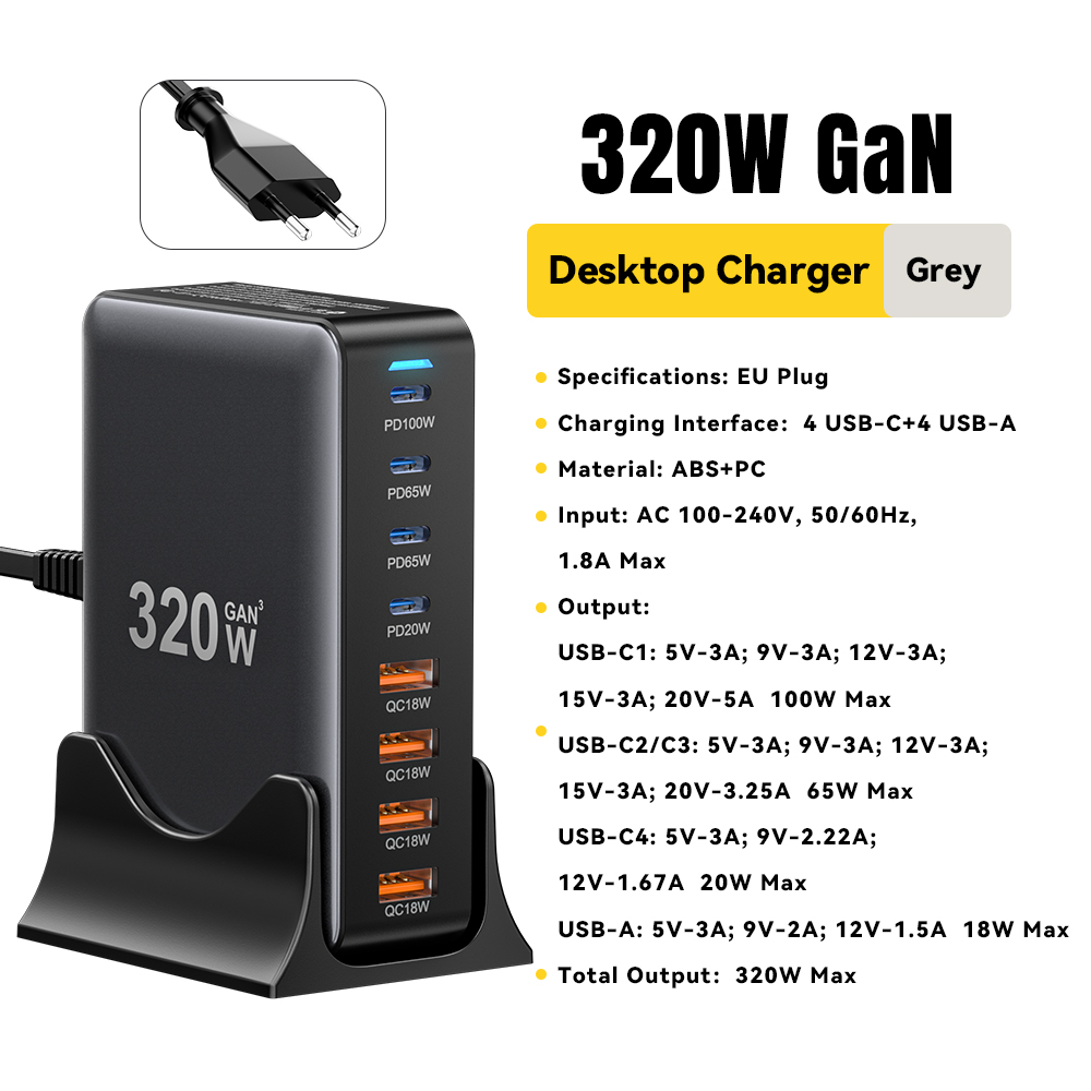 Essager 320W GaN Multi-function Charger USB Type C Desktop Charging Station PD 100W Fast Charging For iPhone iPad Mac Book Lapto: EU