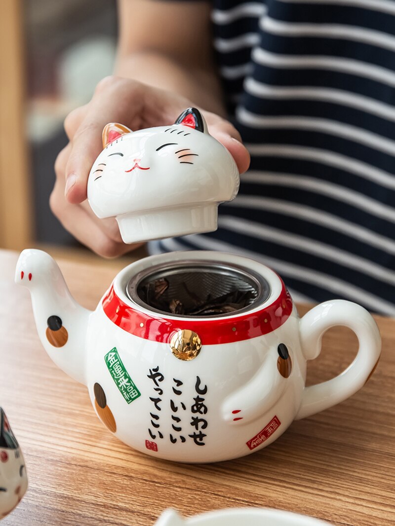 Cute Lucky Cat Porcelain Tea Set Cartoon Ceramic Tea Cup Pot with Strainer Lovely Plutus Cat Teapot Mug Teaware
