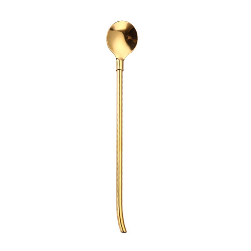 Pajitas reutilizables para beber, cuchara de acero inoxidable, pajilla de bebida larga, portátil, Color arcoíris, cuchara agitadora de cóctel: Dorado