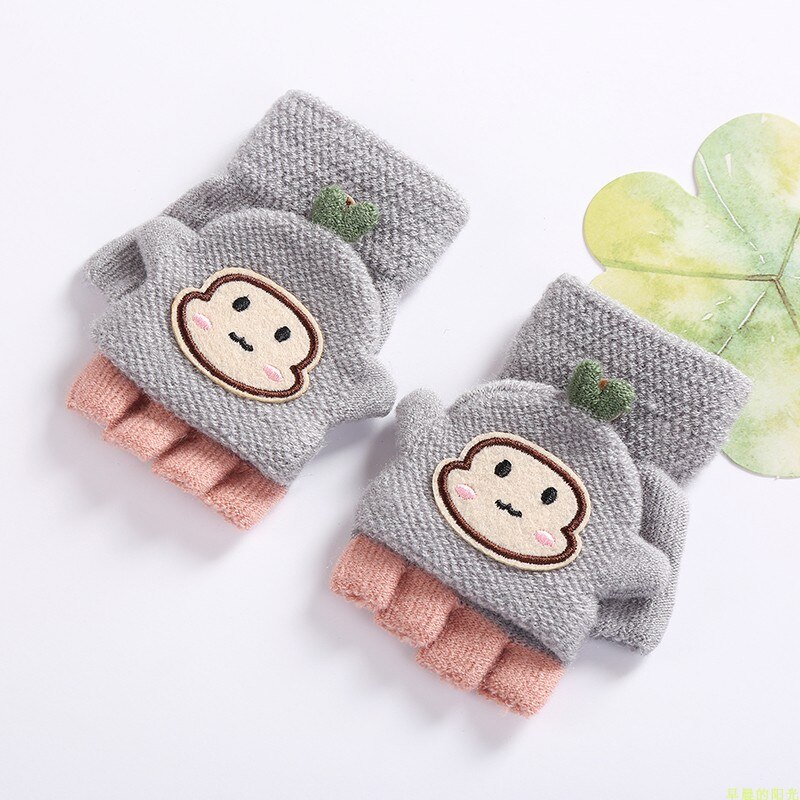 Wecute-gants chauds pour enfants | Gants d'hiver chauds, haricots mignons singe, demi-doigt, gants de dessin animé pour garçons et filles: Gris