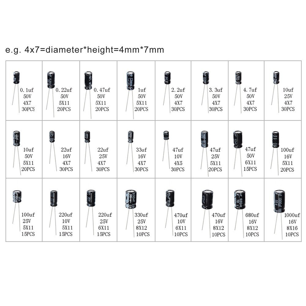 24 Values Aluminum Electrolytic Capacitor Assorted Kit Metal Electrolytic Capacitors Range 0.1uF－1000uF with Plastic Case