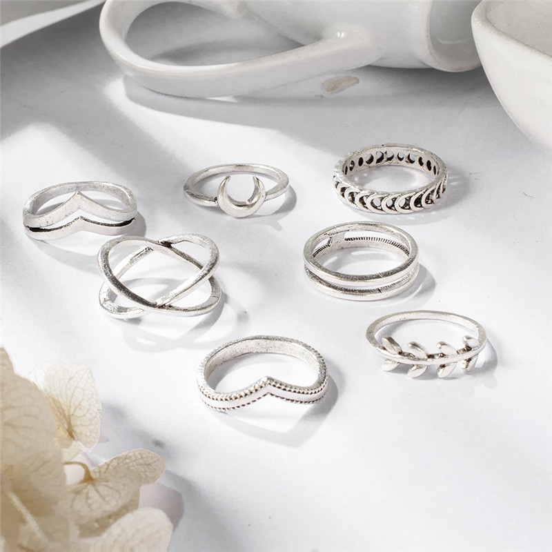 Blad måne halvmåne ringe til kvinder antikke punk kno midi ringe sæt vintage anillos smykke tilbehør 7 stk/sæt